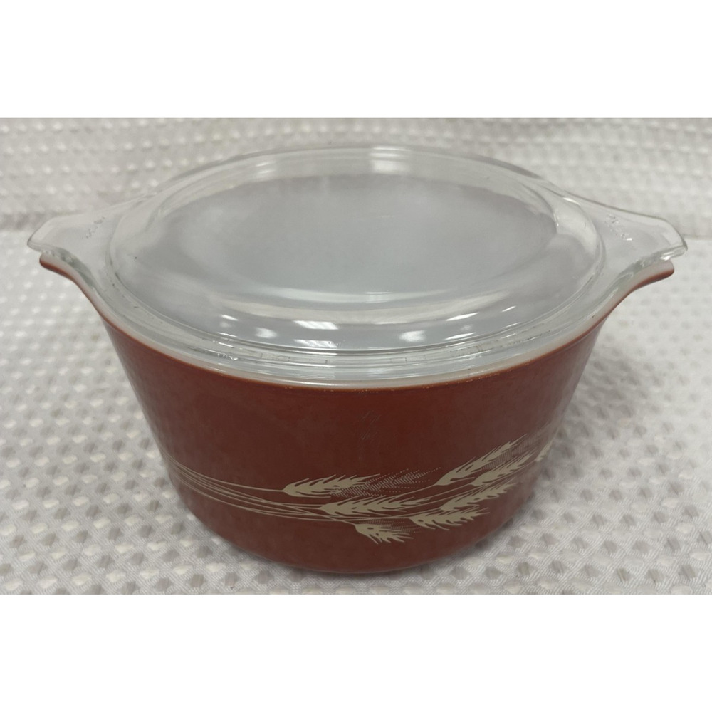 Vintage PYREX Autumn Harvest Wheat 473-B 1QT Casserole Dish W/ Lid Rust Orange